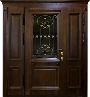 Входная парадная группа с терморазрывом, карнизом, стеклом и решеткой (отделка – массив с багетом) Входная парадная группа с терморазрывом, карнизом, стеклом и решеткой (отделка – массив с багетом)