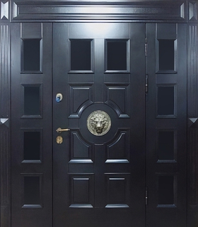 Парадная остекленная входная группа с терморазрывом и декором «лев» (темные плиты МДФ шпон)