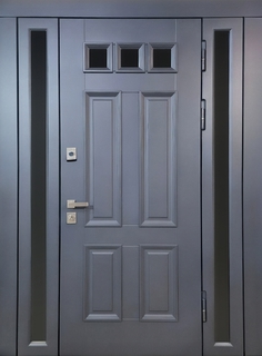 Входная группа с терморазрывом, стеклами по бокам (отделка из серых плит МДФ RAL) Входная группа с терморазрывом, стеклами по бокам (отделка из серых плит МДФ RAL)