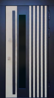 Стальная термодверь с бугельной ручкой, стеклом и панелями МДФ с рейками Стальная термодверь с бугельной ручкой, стеклом и панелями МДФ с рейками