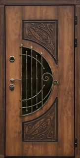 Уличная термодверь МДФ с полукруглым стеклом и кованой решеткой Уличная термодверь МДФ с полукруглым стеклом и кованой решеткой