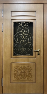 Уличная термодверь МДФ со стеклопакетом и кованой решеткой