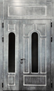 Полуторапольная входная термодверь с фрамугой и стеклами (МДФ с патиной)