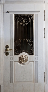 Металлическая термодверь с ковкой, стеклом и резьбой «лев» (отделка МДФ с патиной) Металлическая термодверь с ковкой, стеклом и резьбой «лев» (отделка МДФ с патиной)