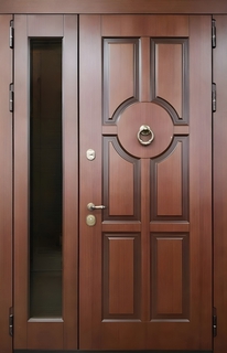 Стальная полуторная термодверь со стеклом сбоку и кнокером (МДФ шпон)