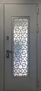 Входная остекленная термодверь с серым МДФ RAL и лазерной резкой Входная остекленная термодверь с серым МДФ RAL и лазерной резкой